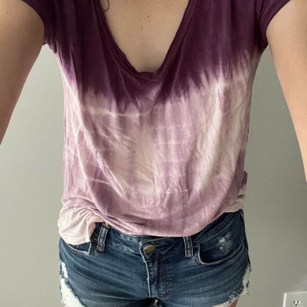 American Eagle Outfitters Purple Tie-Dye/Ombre Soft & Sexy V-Neck T-Shirt